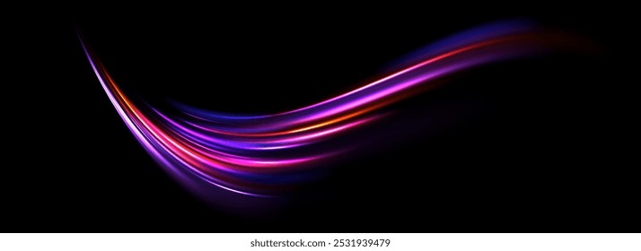 Fundo luminoso brilhante neon. Fluxo de linha de velocidade roxo iridescente. Conceito de espiral curvo brilhante mágico. Bandas de trilho dinâmicas abstratas. Listras de curvas para pôster, banner, folheto. Vetor