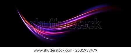 Glowing neon light splash background. Iridescent purple speed line flow. Magic luminous curved swirl concept. Abstract dynamic trail stripes. Curve streaks for poster, banner, flyer. Vector