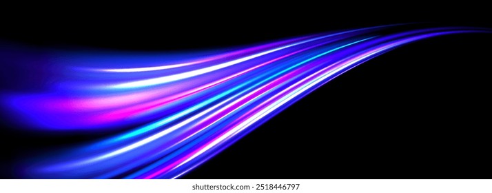 Glowing neon light trail background. Bright blue purple speed lines. Magic luminous curved road concept. Abstract bent dynamic moting stripes. Shiny streaks for poster, banner, flyer, brochure. Vector