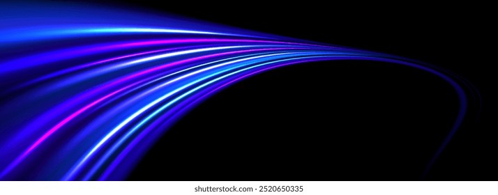 Glowing neon light trail background. Bright blue purple speed lines. Magic luminous curved road concept. Abstract bent dynamic moving stripes. Bright streaks for poster, banner, flyer. Vector