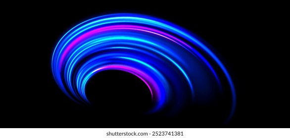 Glowing neon light trail background. Bright blue purple speed lines. Magic luminous curved swirl concept. Abstract spiral dynamic rotating stripes. Bright streaks for poster, banner, flyer. Vector