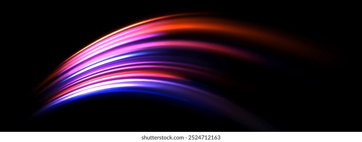 Glowing neon light trail background. Bright pink purple speed lines. Colorful luminous curved swirl concept. Abstract spiral dynamic rotating stripes. Curve streaks for poster, banner, flyer. Vector
