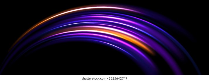 Fundo de trilha de luz neon brilhante. Linhas de velocidade de arco roxo laranja. Conceito de espiral curvo brilhante mágico. Abstrato espiral dinâmica de faixas rotativas. Listras de curvas para pôster, banner, folheto. Vetor