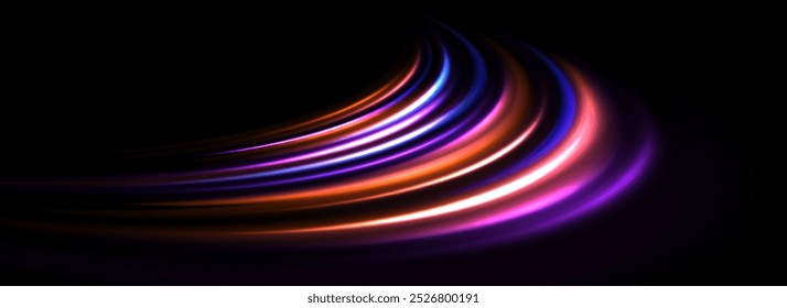 Fondo de rastro de luz de neón brillante. Líneas de velocidad coloridas y brillantes. Concepto de remolino curvo luminoso mágico. Abstractas franjas dinámicas giratorias en espiral. Rayas brillantes para el cartel, el Anuncio, el volante. Vector