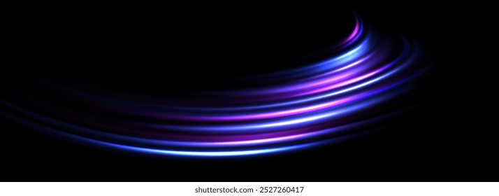 Fundo de trilha de luz neon brilhante. Linhas de velocidade roxas azuis iridescentes. Conceito de espiral curvo brilhante mágico. Abstrato espiral dinâmica de faixas rotativas. Listras brilhantes para pôster, banner, folheto. Vetor