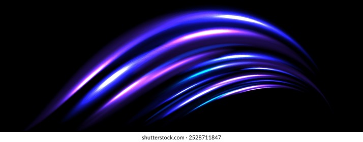 Fundo de trilha de luz neon brilhante. Linhas de velocidade de arco roxo azul brilhante. Conceito de estrada curvada luminosa mágica. Listras de arco dinâmicas dobradas. Listras brilhantes rápidas para cartaz, banner, folheto, folheto. Vetor