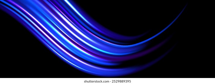 Glowing neon light trail background. Iridescent blue swoosh speed lines. Magic luminous curved swirl concept. Abstract spiral dynamic rotating stripes. Bright streaks for poster, banner, flyer. Vector
