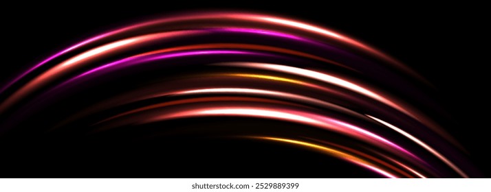 Fondo de rastro de luz de neón brillante. Líneas de velocidad de arco de color rojo brillante y rosa. Concepto de camino curvo luminoso mágico. Rayas de arco dinámico dobladas. Rápidas rayas brillantes para póster, Anuncio, volante, folleto. Vector