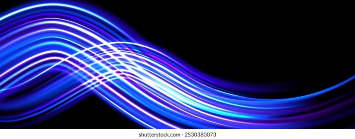 Fundo de trilha de luz neon brilhante. Linhas de velocidade de sopro azul iridescente. Conceito de caminho curvo luminoso mágico. Abstrato fluxo dinâmico faixas. Listras de exposição longa para pôster, banner, folheto. Vetor