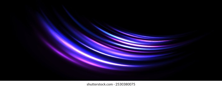 Glowing neon light trail background. Colorful blue purple speed lines. Magic luminous curved swirl concept. Abstract spiral dynamic rotating stripes. Bright streaks for poster, banner, flyer. Vector