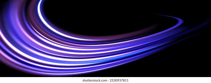 Glowing neon light trail background. Colorful purple swoosh speed lines. Magic luminous curved swirl concept. Abstract spiral dynamic rotating stripes. Bright streaks for poster, banner, flyer. Vector