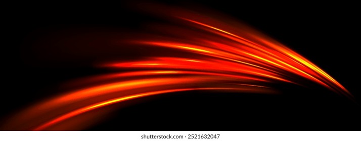 Glowing neon light trail element. Bright red orange speed line wave. Hot luminous curved swirl concept. Abstract bent dynamic motion stripes. Shiny fire streaks for poster, banner, flyer. Vector