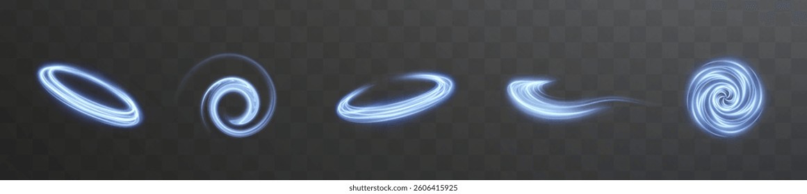 Glowing neon light trail with sparkles and a magical swirl. A dynamic abstract background in blue and gold tones, featuring fast motion effects and shining particles on a dark backdrop