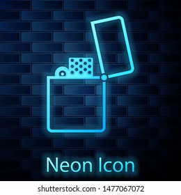 Glowing neon Lighter icon isolated on brick wall background.  Vector Illustration