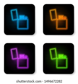Glowing neon Lighter icon isolated on white background. Black square button. Vector Illustration