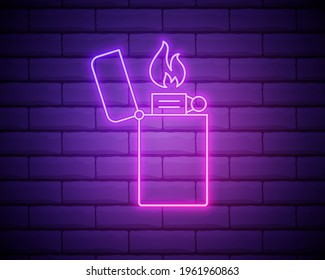 Glowing neon Lighter icon isolated on brick wall background. Vector Illustration.