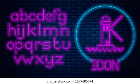 Glowing neon Lighthouse icon isolated on brick wall background. Neon light alphabet. Vector Illustration