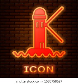 Glowing neon Lighthouse icon isolated on brick wall background.  Vector Illustration