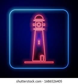 Glowing neon Lighthouse icon isolated on blue background.  Vector Illustration