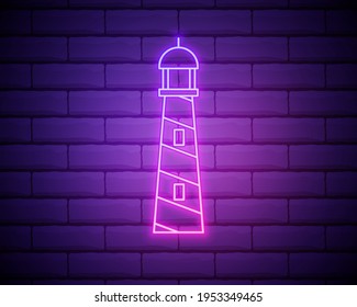Glowing neon Lighthouse icon isolated on brick wall background. Vector Illustration.