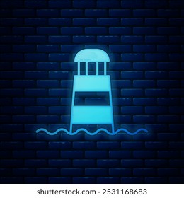 Glowing neon Lighthouse icon isolated on brick wall background.  Vector