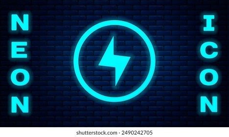Glowing neon Lightning bolt icon isolated on brick wall background. Flash sign. Charge flash icon. Thunder bolt. Lighting strike.  Vector