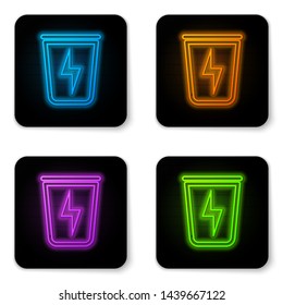 Glowing neon Lightning with trash can icon isolated on white background. Waste to energy. Garbage bin sign. Recycle basket sign. Black square button. Vector Illustration
