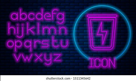 Glowing neon Lightning with trash can icon isolated on brick wall background. Waste to energy. Garbage bin sign. Recycle basket sign. Neon light alphabet. Vector Illustration