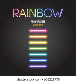 Glowing neon lights brushes in rainbow colors on dark transparent background. Easy to change global colors, brushes placed in Brushes Panel and can be used for custom project, Vector EPS 10
