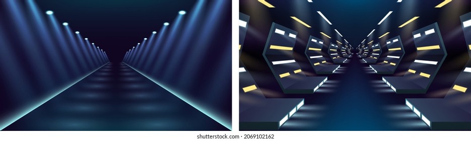 Glowing neon lights lines, tunnel, abstract technological background, virtual reality corridor. Blue purple neon pathway perspective. Ultraviolet bright glow. Vector illustration