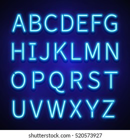 Glowing neon lights vector signs, typeset, letters, font, alphabet