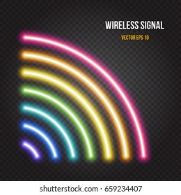 Glowing neon lights wireless or radio signal symbol in rainbow colors on dark transparent background. Easy to change global colors, Vector EPS 10