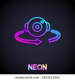 Glowing neon line 360 degree view icon isolated on black background. Virtual reality. Angle 360 degree camera. Panorama photo.  Vector