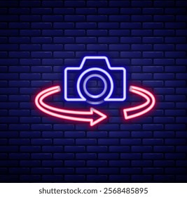 Glowing neon line 360 degree view icon isolated on brick wall background. Virtual reality. Angle 360 degree camera. Panorama photo. Colorful outline concept. Vector