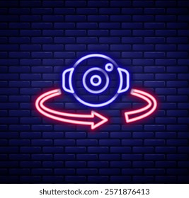 Glowing neon line 360 degree view icon isolated on brick wall background. Virtual reality. Angle 360 degree camera. Panorama photo. Colorful outline concept. Vector