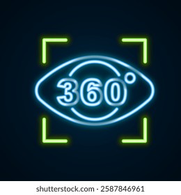 Glowing neon line 360 degree view icon isolated on black background. Virtual reality. Angle 360 degree camera. Panorama photo. Colorful outline concept. Vector