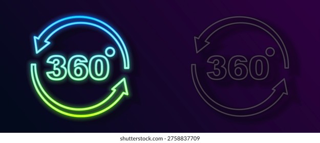Glowing neon line 360 degree view icon isolated on black background. Virtual reality. Angle 360 degree camera. Panorama photo.  Vector