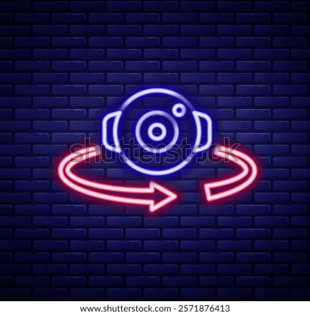 Glowing neon line 360 degree view icon isolated on brick wall background. Virtual reality. Angle 360 degree camera. Panorama photo. Colorful outline concept. Vector