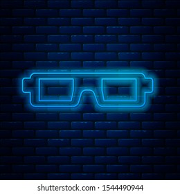 Glowing neon line 3D cinema glasses icon isolated on brick wall background.  Vector Illustration