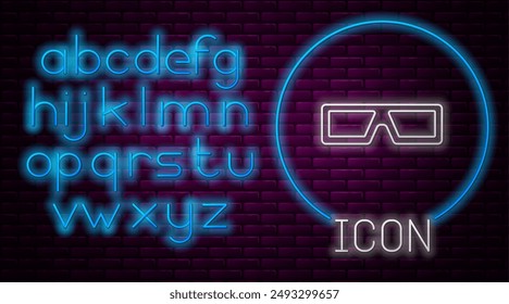 Glowing neon line 3D cinema glasses icon isolated on brick wall background. Neon light alphabet. Vector