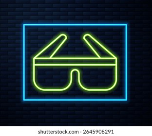 Ícone de óculos de cinema 3D de linha de néon brilhante isolado no plano de fundo da parede de tijolo.  Ilustração de vetor