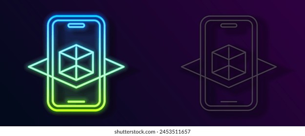 Icono de modelado 3D de línea de neón brillante aislado sobre fondo negro. Realidad aumentada o realidad virtual.  Vector
