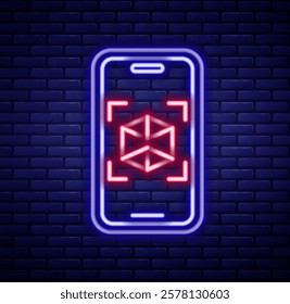 Glowing neon line 3d modeling icon isolated on brick wall background. Augmented reality or virtual reality. Colorful outline concept. Vector