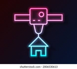 Glowing neon line 3D printer house icon isolated on black background. 3d printing.  Vector