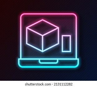 Icono de impresora 3D de la línea de neón brillante aislado en el fondo negro. 3 quinquies de impresión.  Vector