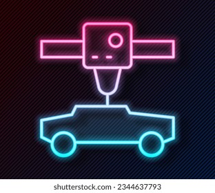 Icono de coche de impresora 3D de la línea de neón brillante aislado en el fondo negro. 3 quinquies de impresión.  Vector