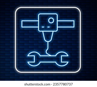 Glowing neon line 3D printer wrench spanner icon isolated on brick wall background. 3d printing.  Vector