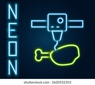 Glowing neon line 3D printer chicken leg icon isolated on black background. 3d printing. Colorful outline concept. Vector