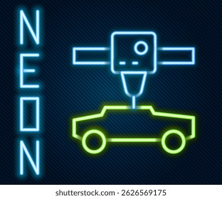 Glowing neon line 3D printer car icon isolated on black background. 3d printing. Colorful outline concept. Vector