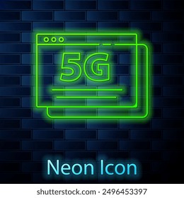 Glowing neon line 5G new wireless internet wifi connection icon isolated on brick wall background. Global network high speed connection data rate technology.  Vector